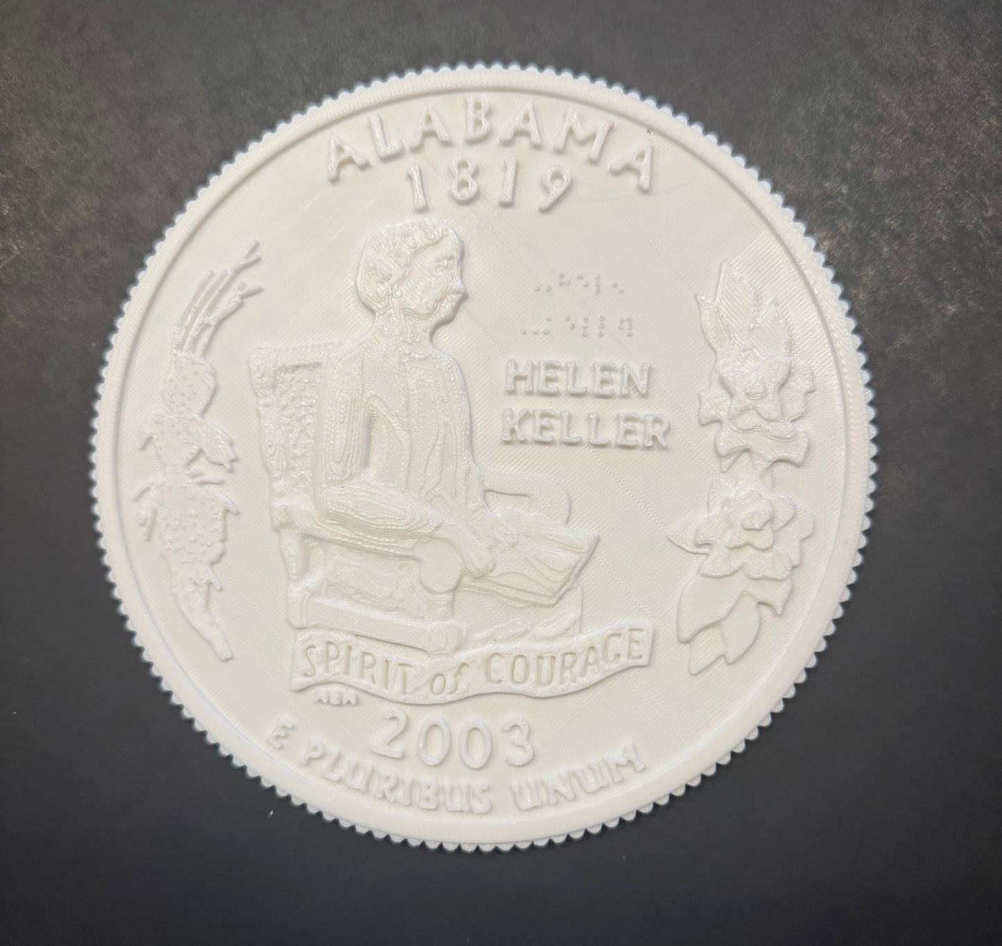 Alabama Quarter, Large 3D Printed Tactile, Two Separate Sides